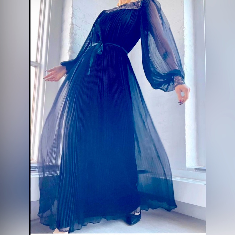 SCOTT BARRIE 1970s black pleated silk chiffon dress